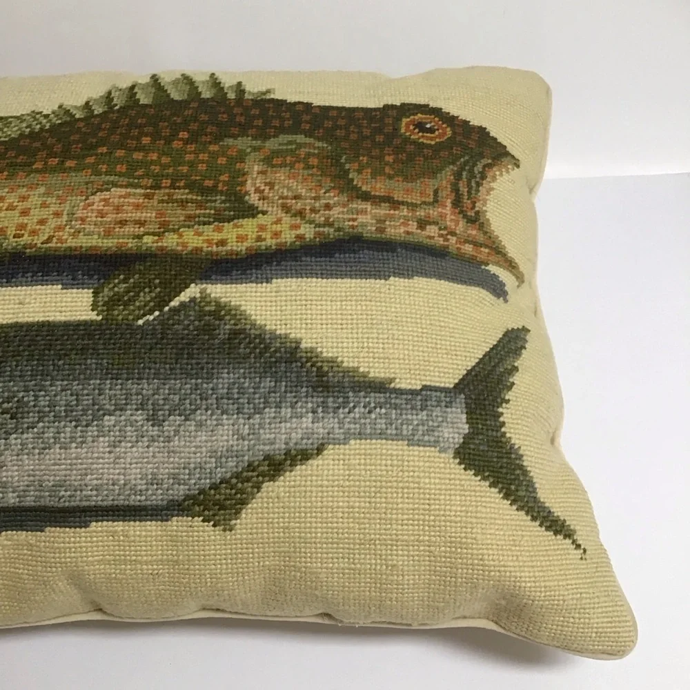 Needlepoint Throw Pillow Two Fish Bahamas Mark Catesby 16x20 Wool Velvet Zip Sea